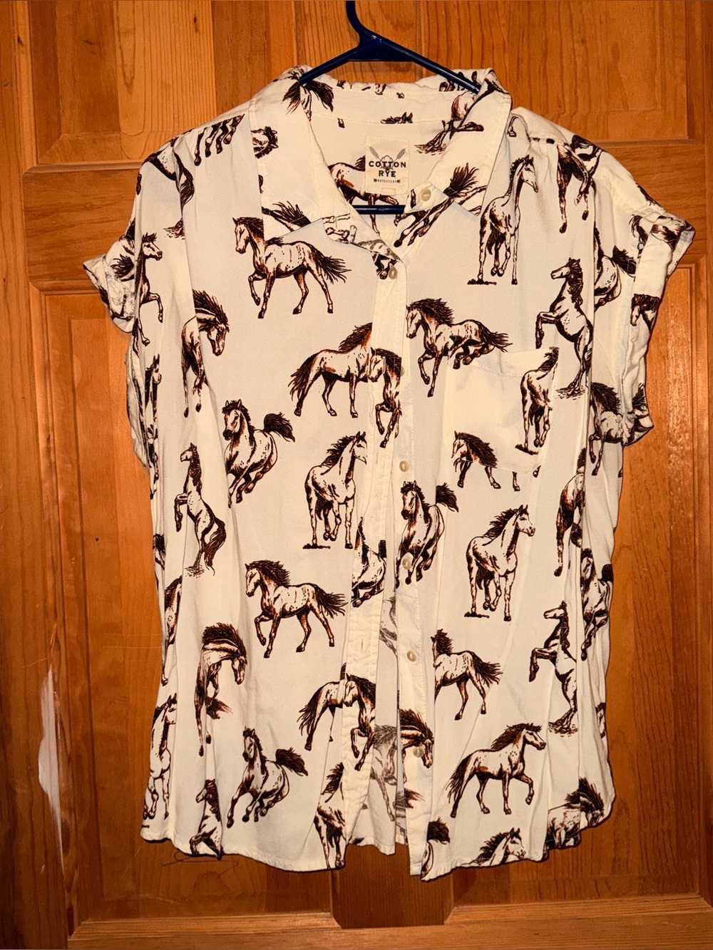 White Horse-Print Short Sleeve Button-Up Blouse